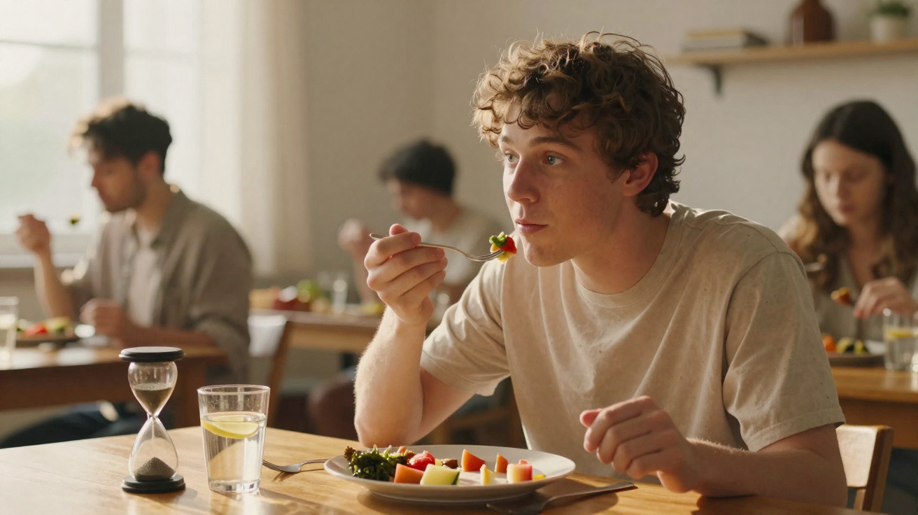 Jovem sentado à mesa com prato de salada, prestes a comer com garfo, em ambiente iluminado e pessoas ao fundo.