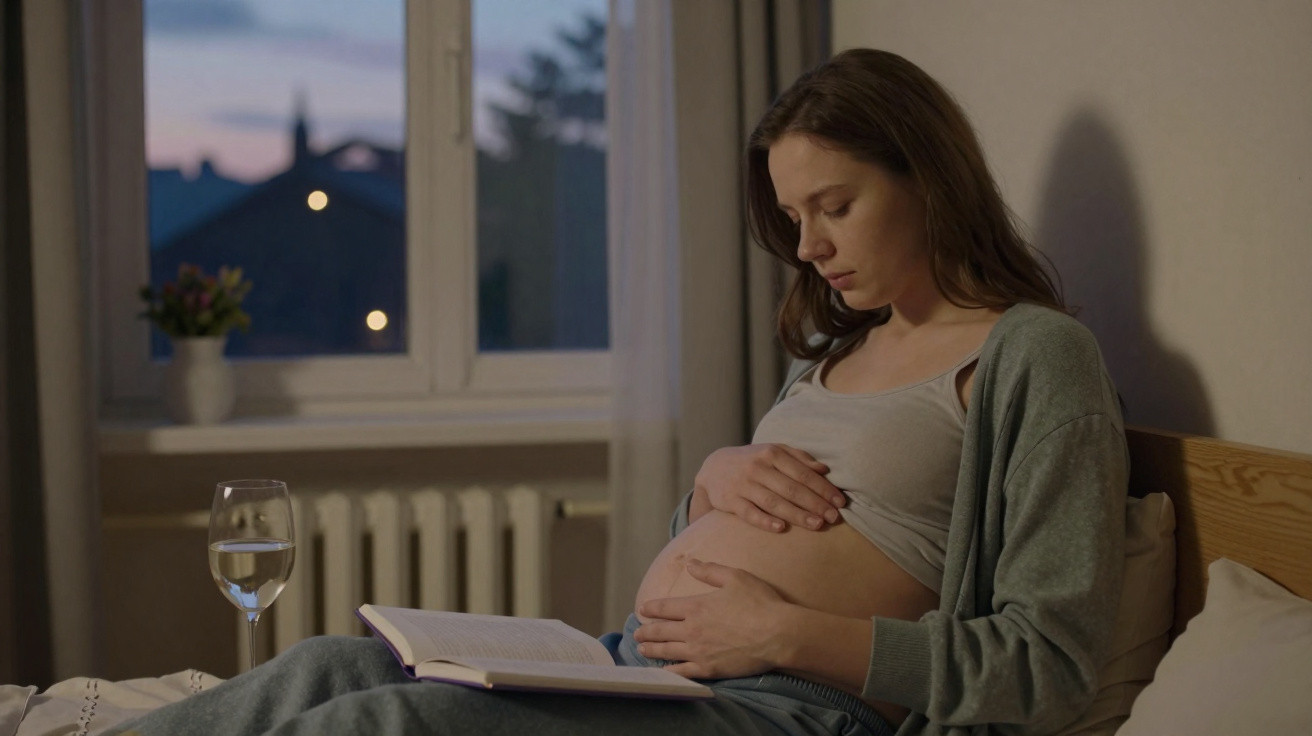 Mulher grávida sentada na cama à noite, segurando a barriga e lendo um livro.