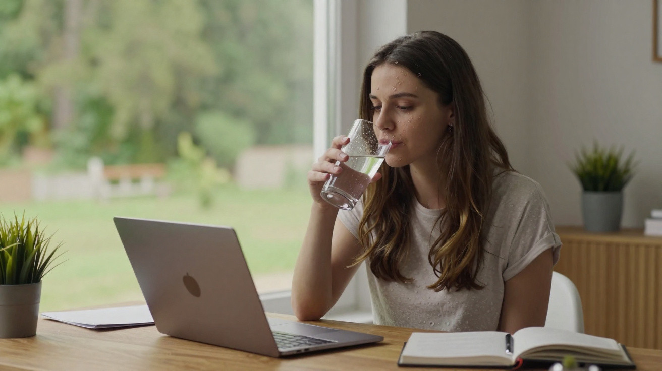 Mulher sentada à mesa com laptop e caderno, bebendo água em copo transparente próximo à janela.