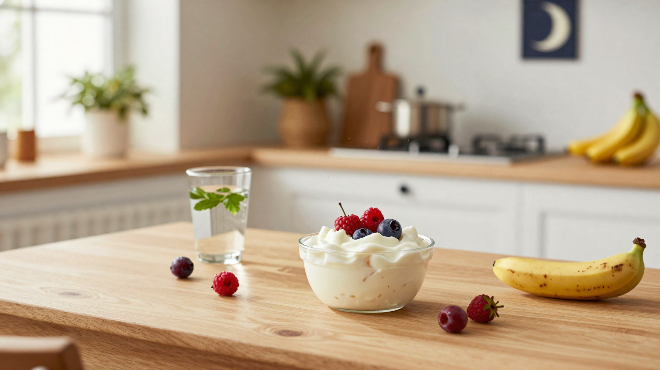 Iogurte com frutas vermelhas em tigela de vidro, banana e copo de água com hortelã em bancada de cozinha.