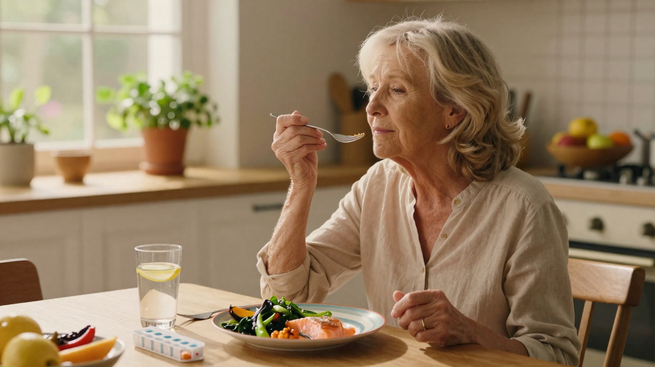 Mulher idosa comendo salmão e legumes sentada à mesa de cozinha iluminada pela luz natural.
