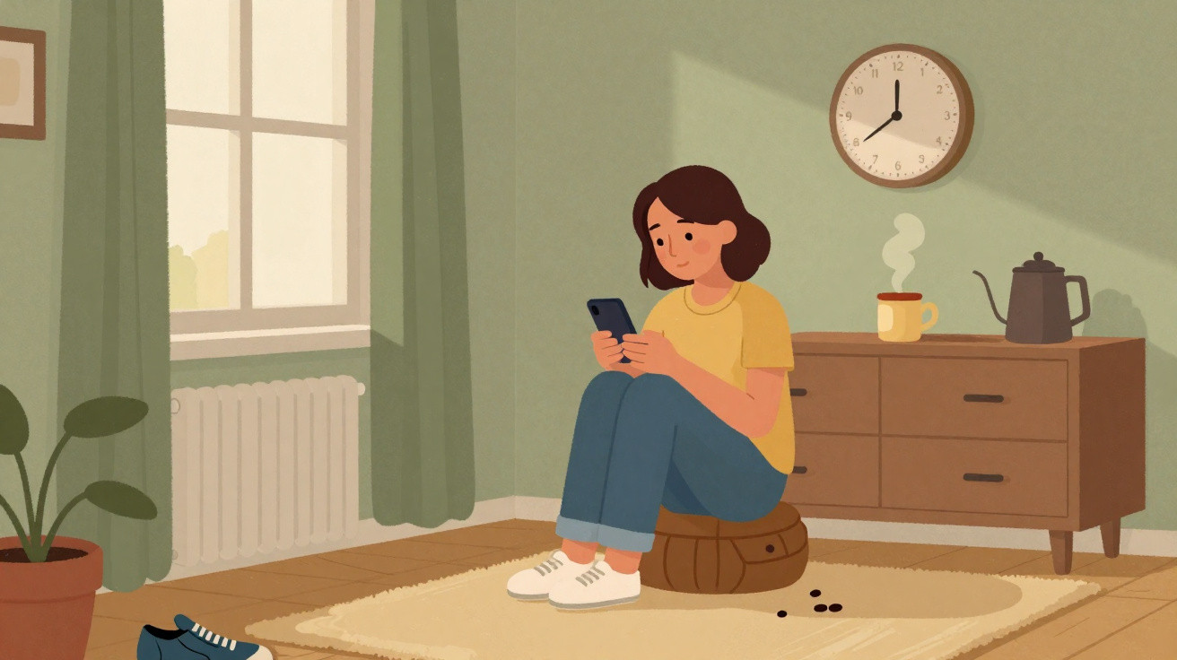Mulher sentada no chão segurando celular, ao lado mesa com café quente e relógio marcando 3 horas.