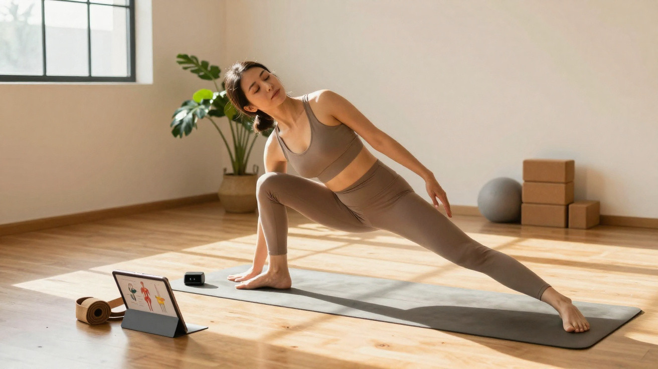 Mulher fazendo alongamento de pernas em tapete de yoga assistindo aula online em tablet.
