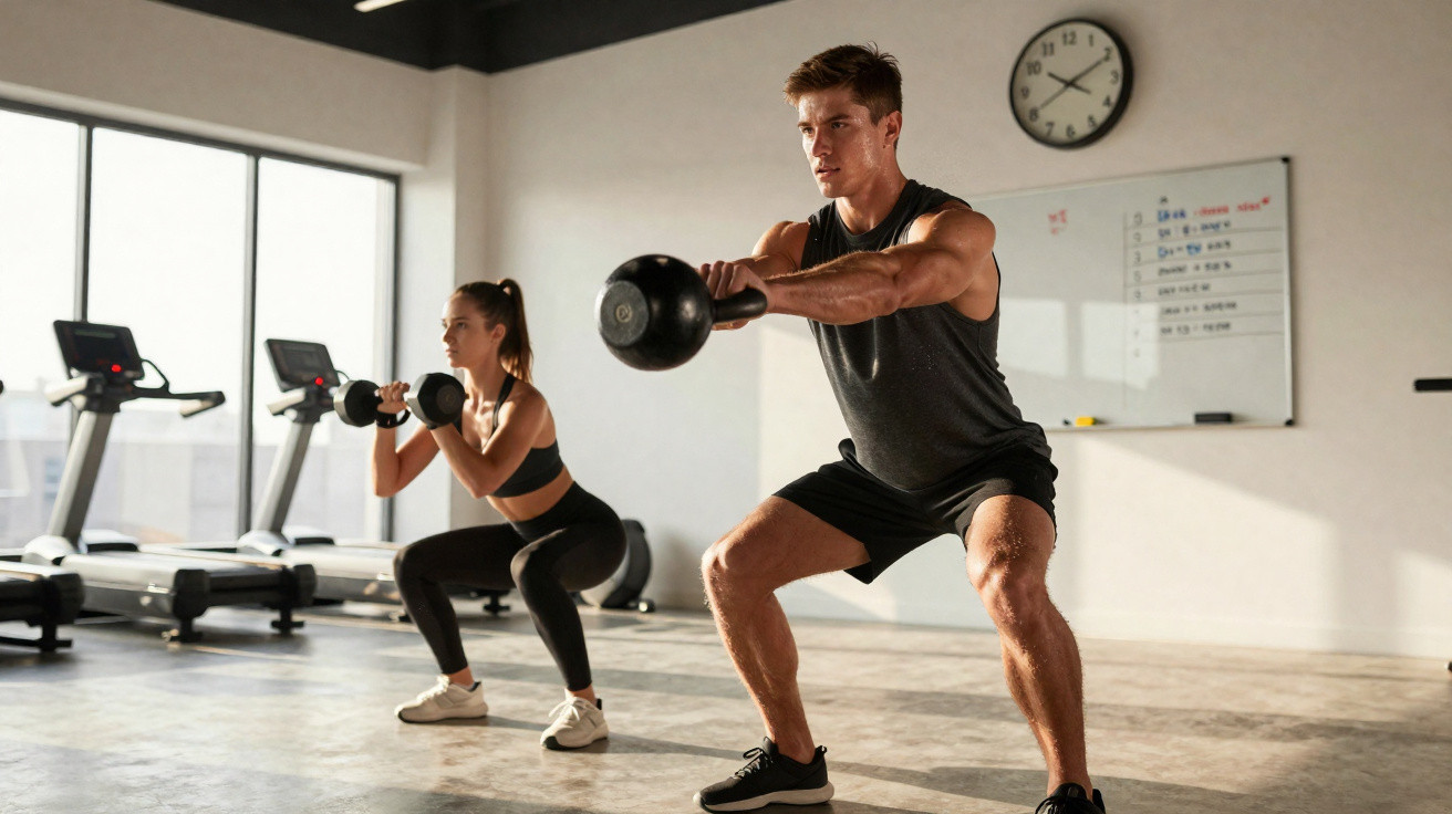 Homem e mulher treinando agachamento com pesos em academia iluminada naturalmenete.