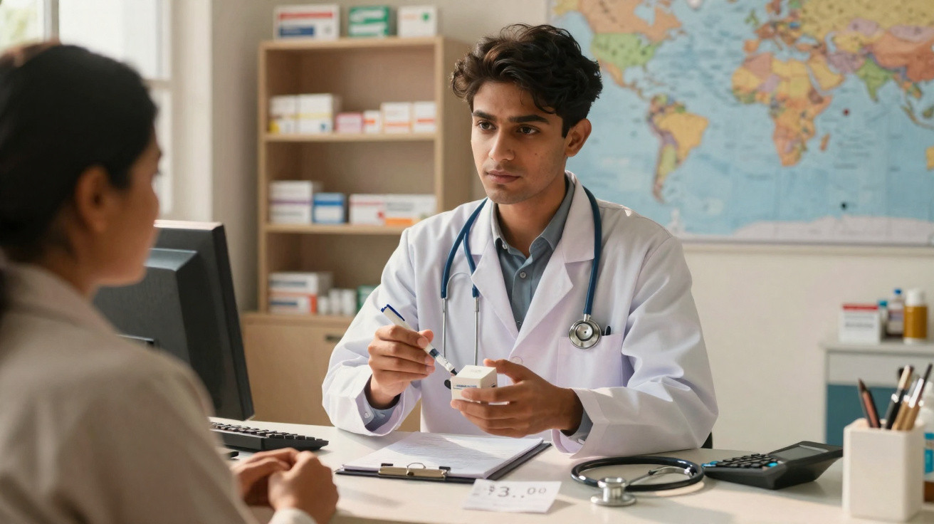 Médico em jaleco branco explicando uso de medicamento para paciente em consultório.
