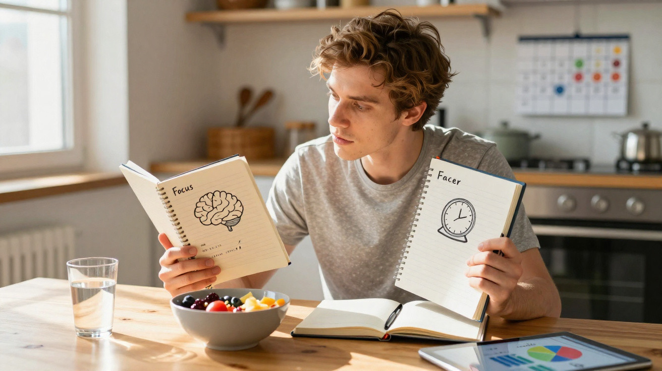 Homem jovem sentado à mesa, segurando dois cadernos com desenhos de cérebro e relógio, com frutas e água na mesa.