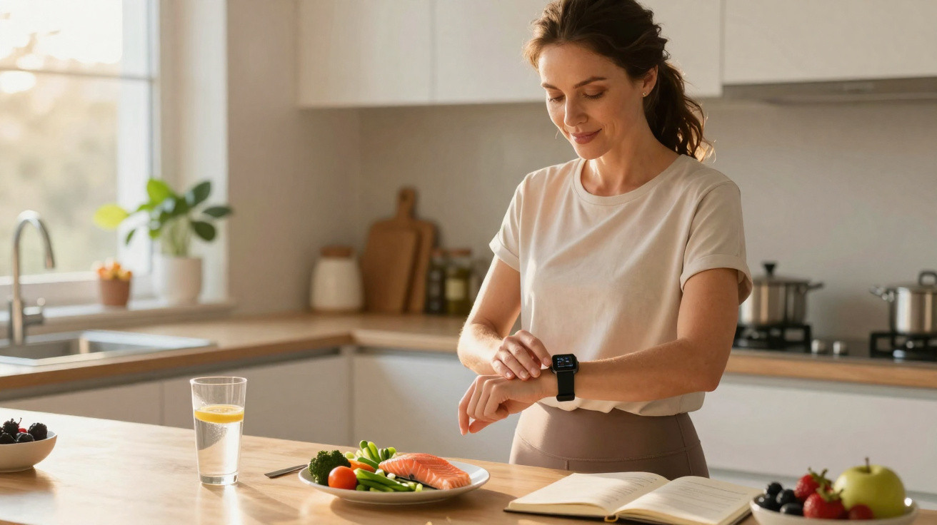 Mulher em cozinha moderna consultando relógio enquanto prepara refeição saudável com peixe e vegetais.