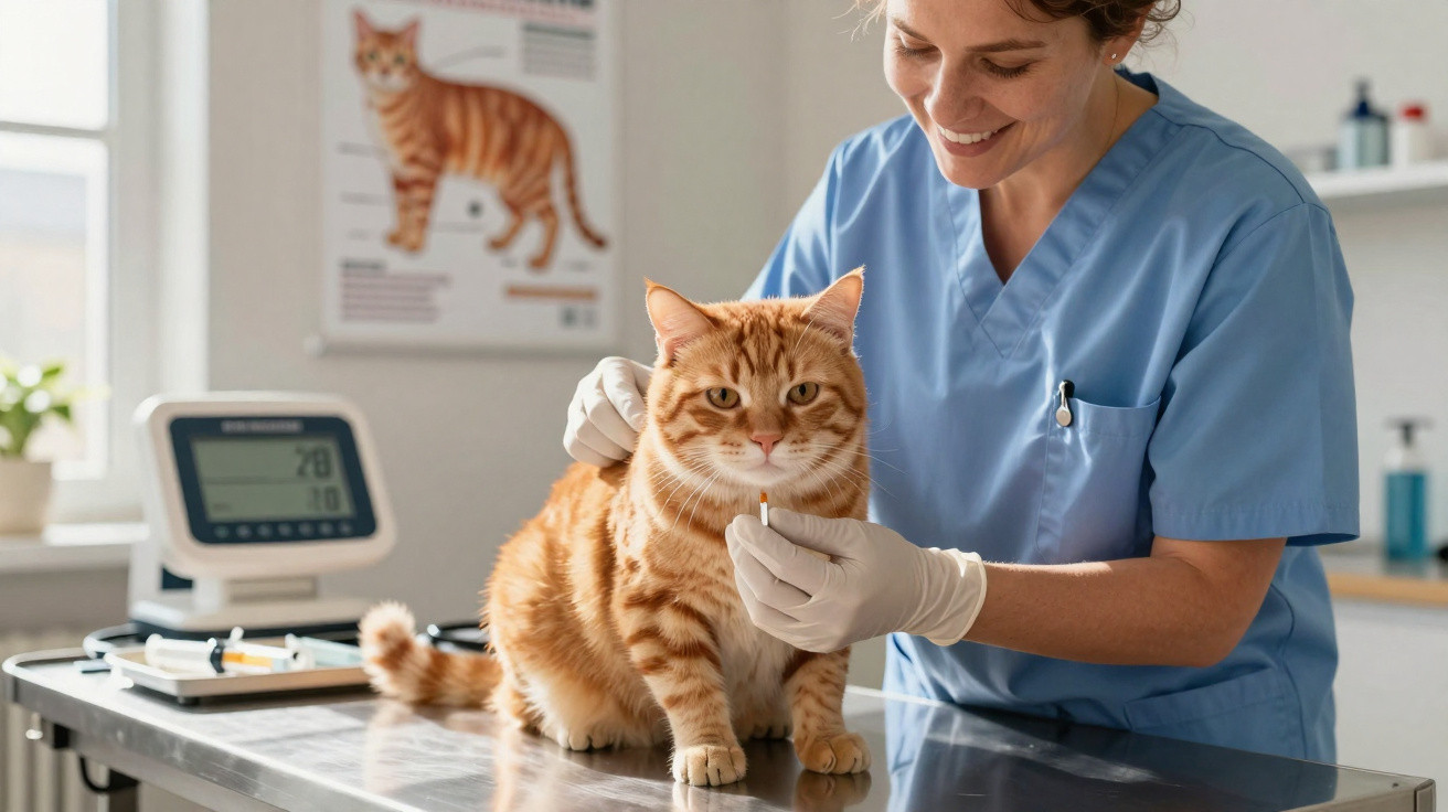 Veterinária sorridente segurando comprimido para gato laranja em clínica veterinária iluminada.