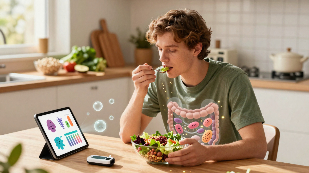 Homem comendo salada na cozinha, com ilustração digital de intestino e micro-organismos sobreposto ao corpo.