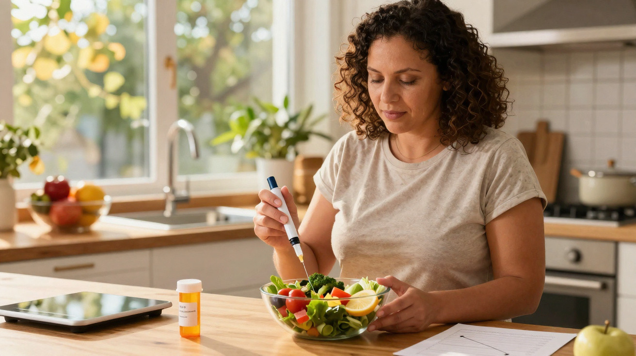 Mulher aplicando teste de glicose em salada na cozinha com remédio e tablet sobre a mesa.