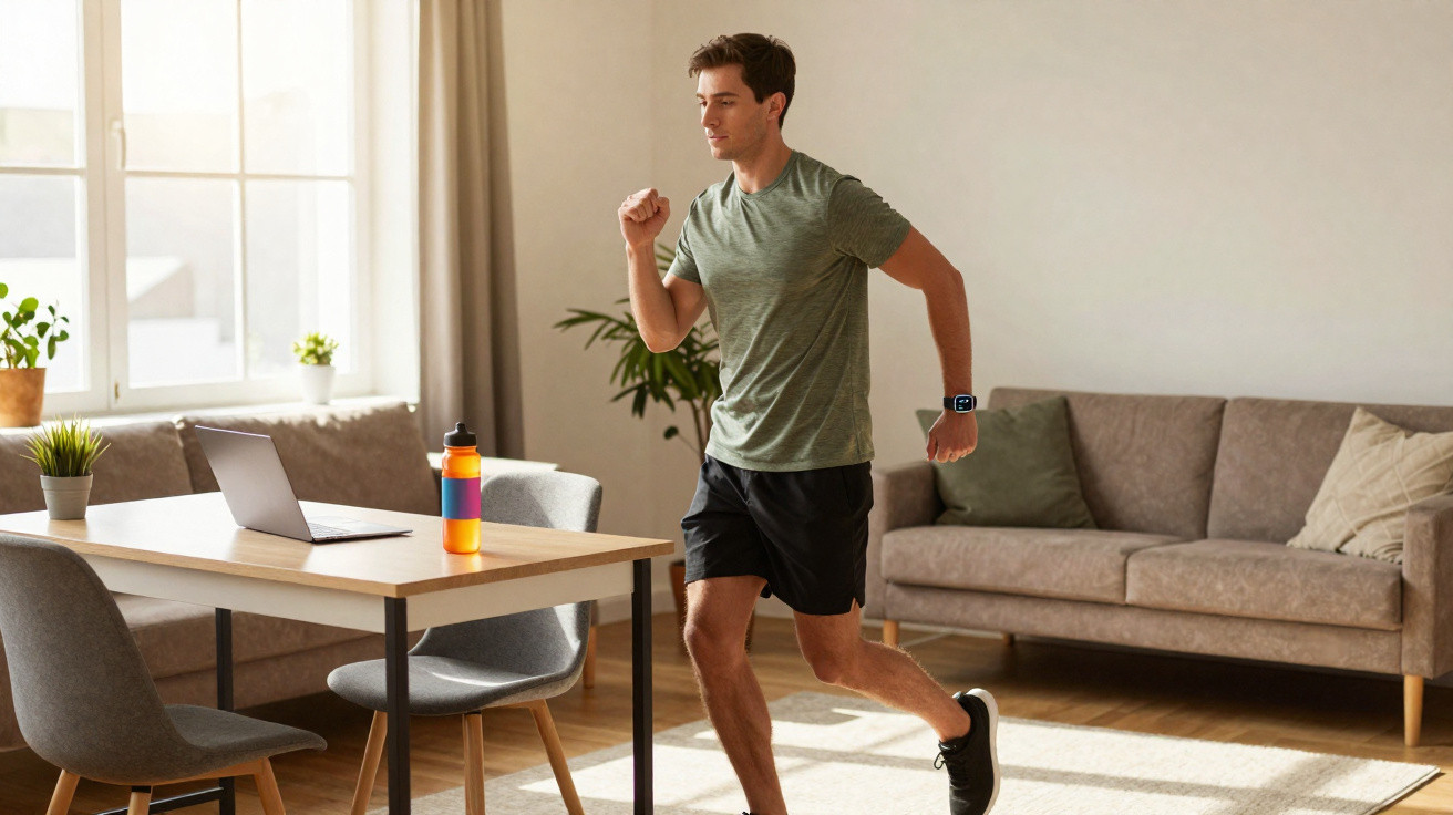 Homem correndo dentro de casa perto de mesa com laptop e garrafa em ambiente claro e arejado.
