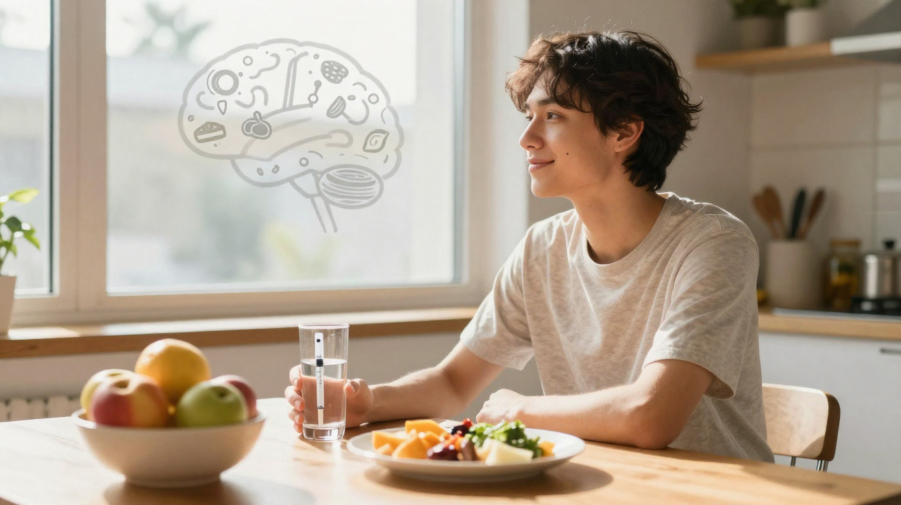 Jovem sentado à mesa com vidro de água, prato de comida e figura ilustrativa de cérebro na janela.