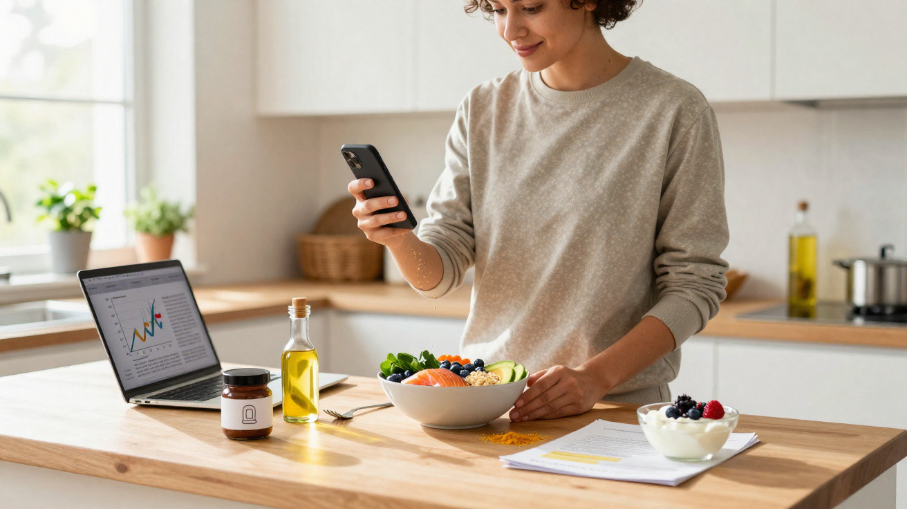Mulher na cozinha segurando celular, com laptop, alimentos saudáveis e documentos em bancada de madeira.