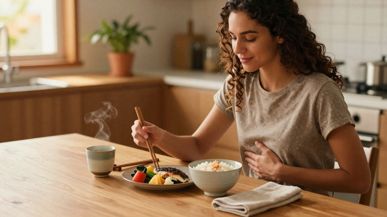 Mulher sorridente sentada à mesa da cozinha segurando comida com hashis e mão no estômago.