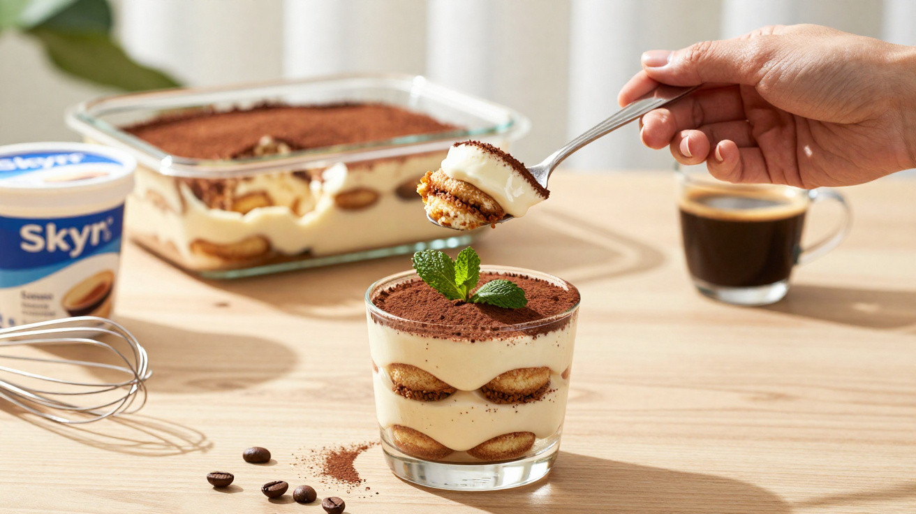 Mão segurando colher com tiramisu em copo, bolo tiramisu em refratário, café e pote de Skyr na mesa de madeira.