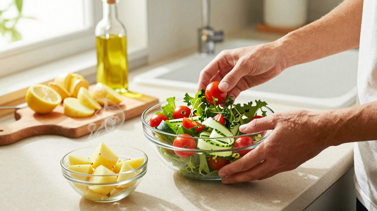 Mãos preparando salada com tomate, pepino e folhas verdes ao lado de tigela com batatas quentes e limões na bancada.