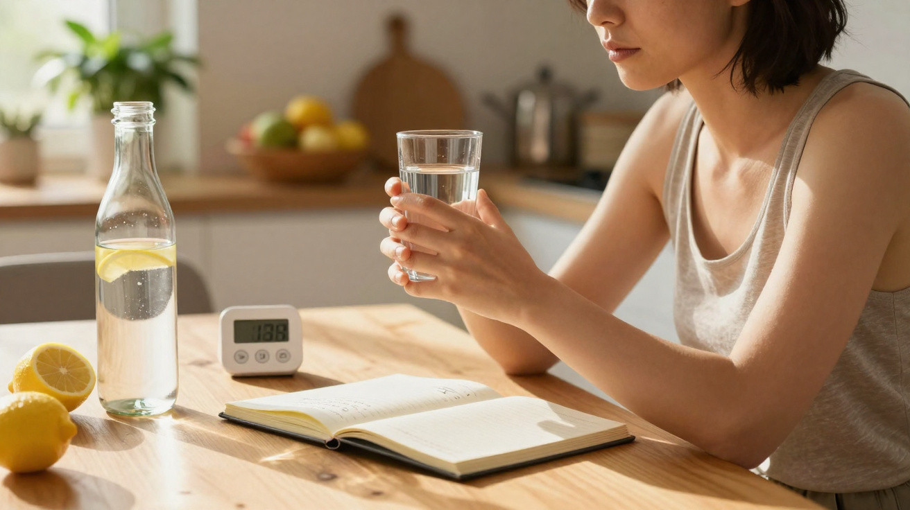 Mulher segurando copo de água sentada à mesa com limões, garrafa, livro aberto e timer digital.