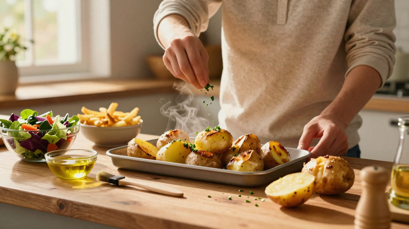 Pessoa temperando batatas assadas em tabuleiro na cozinha com salada, azeite e batatas fritas ao fundo.