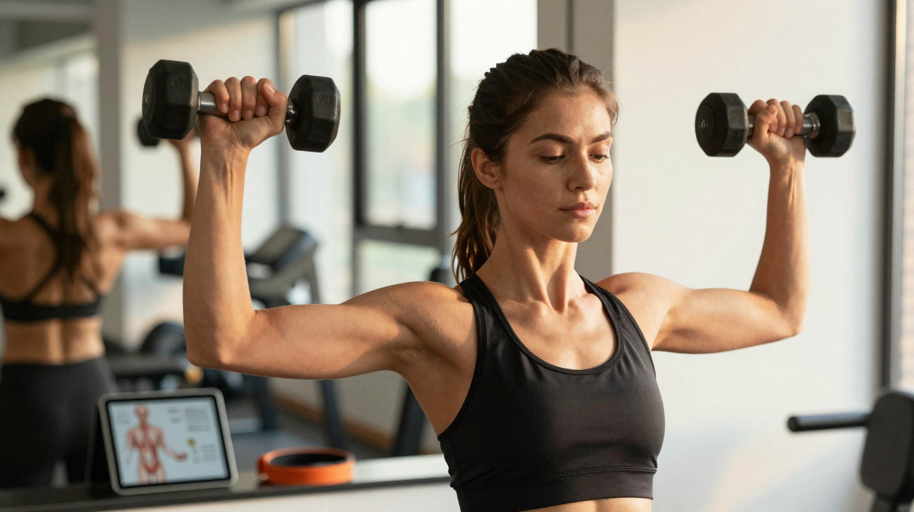 Mulher realizando exercício com halteres em academia moderna com espelho ao fundo.