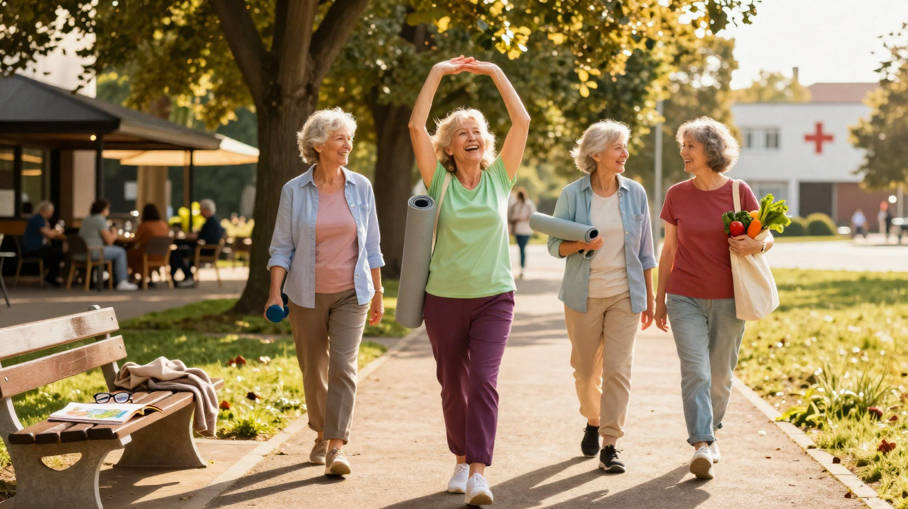 Quatro mulheres idosas caminhando alegres em um parque, duas carregam tapetes de yoga e uma segura sacola de legumes.