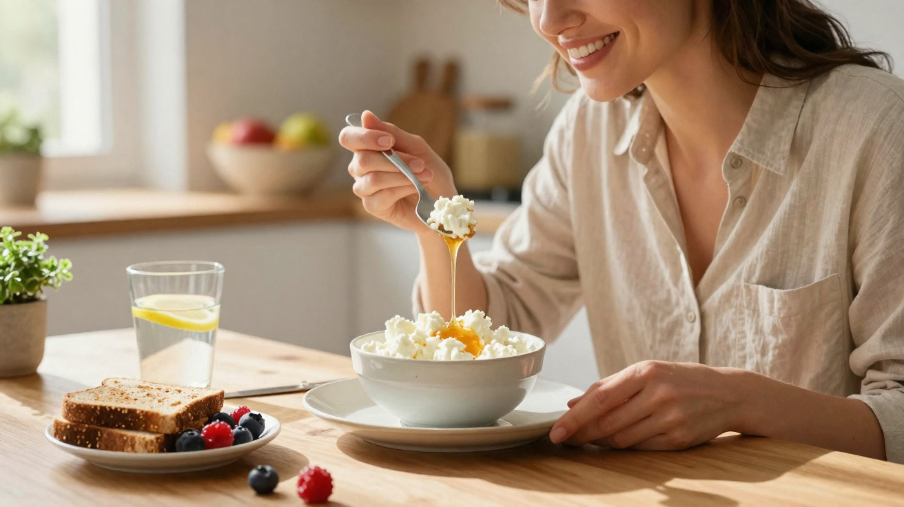 Mulher sorrindo comendo iogurte com mel, frutas vermelhas e pão integral em mesa de madeira.