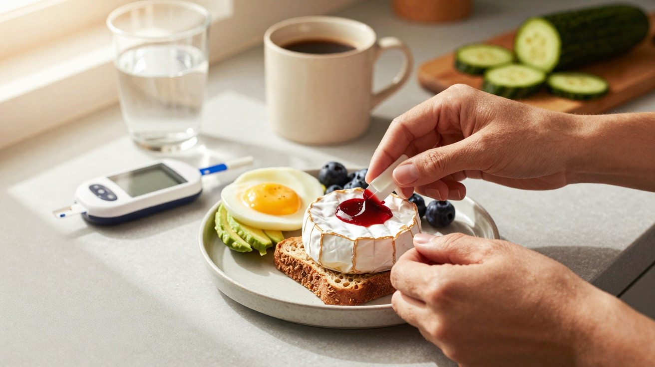 Pessoa colocando geleia em queijo camembert, com café, ovo, abacate e glicemia ao lado.