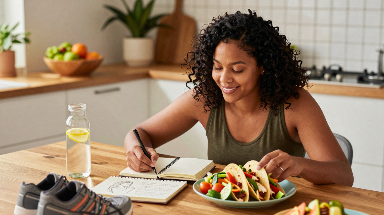 Mulher sorrindo escreve em caderno na cozinha com tacos e garrafa de água sobre mesa de madeira.