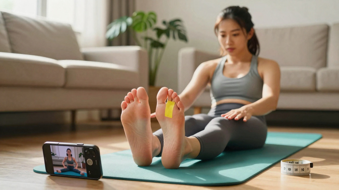 Mulher praticando alongamento em tapete de yoga assistindo aula pelo celular em sala iluminada.