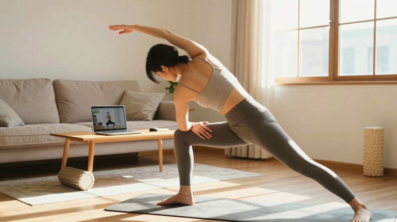 Mulher jovem fazendo yoga em tapete na sala enquanto acompanha aula de vídeo no laptop.