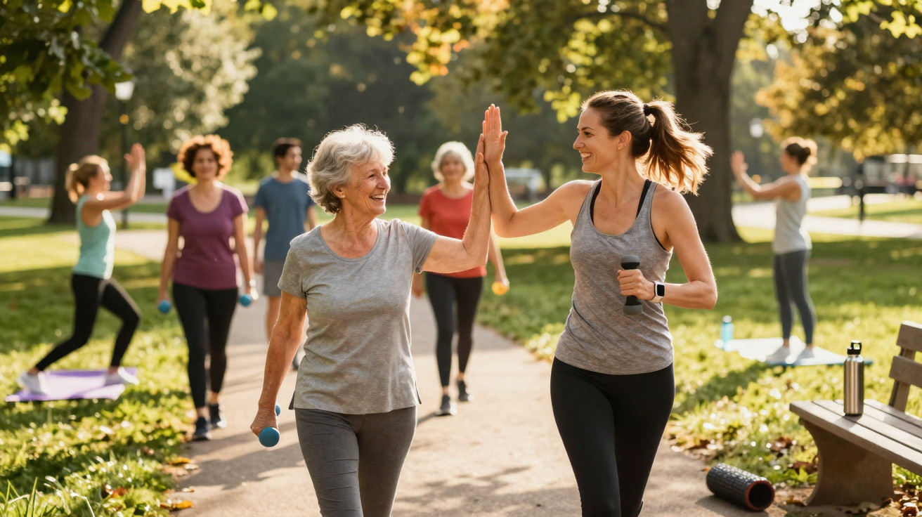 Grupo de mulheres de diferentes idades praticando exercícios ao ar livre em parque ensolarado.