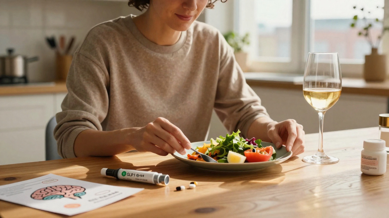 Pessoa preparando um prato com salada, pílulas, caneta injetora e taça com bebida sobre mesa de madeira.