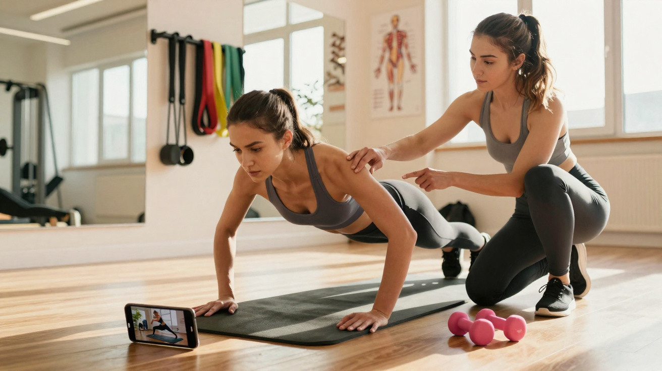 Mulher fazendo flexão com treinador corrigindo postura em estúdio de ginástica iluminado.