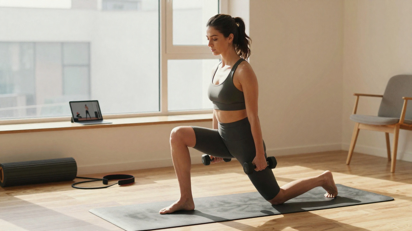 Mulher fazendo exercício de força com halteres em casa, em um tapete de yoga perto de janela ampla.