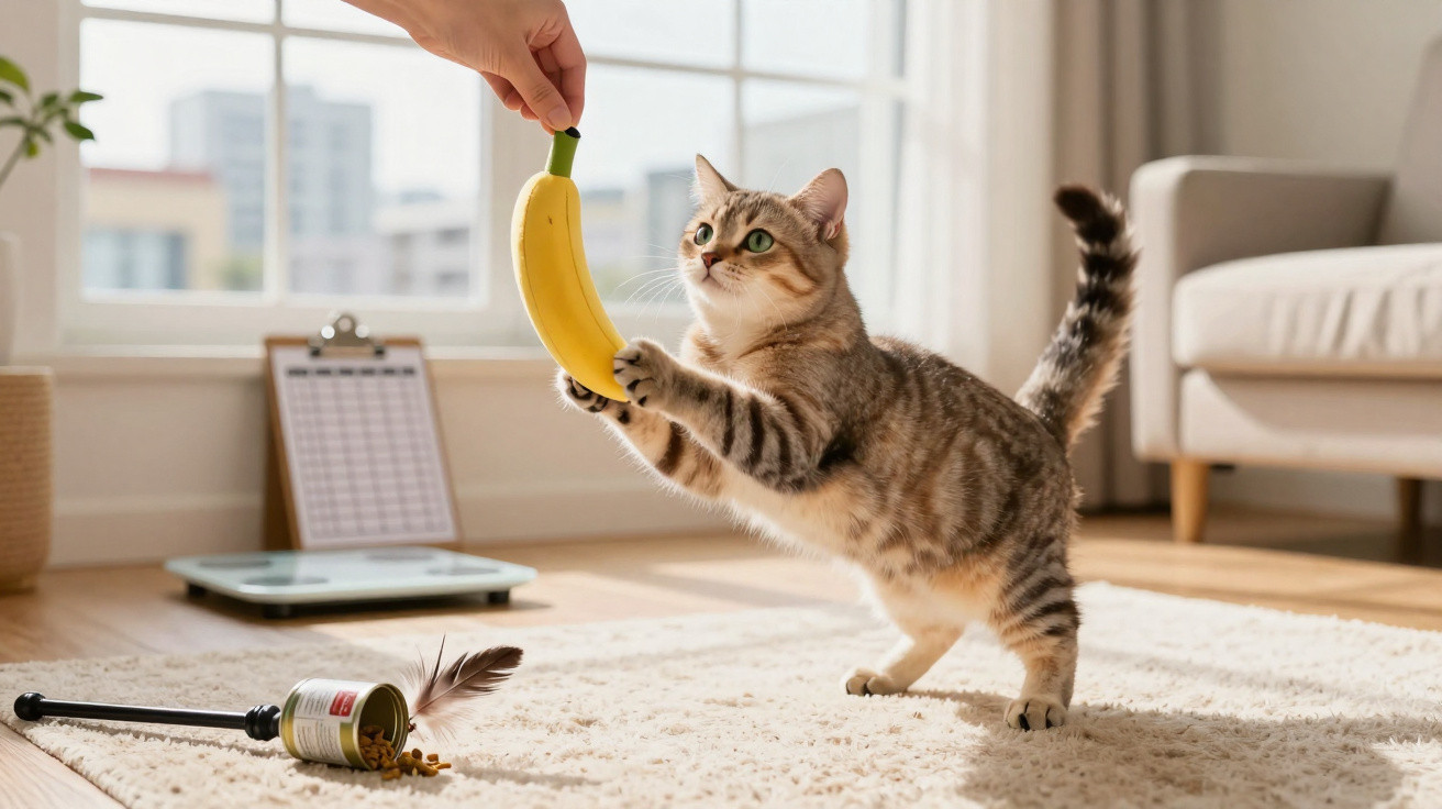 Gato malhado brincando com banana segurada por uma mão em sala iluminada com tapete branco.
