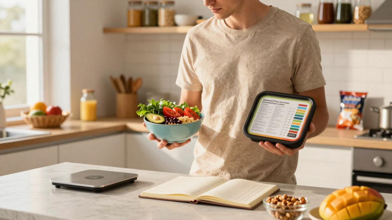 Pessoa em cozinha segurando tigela de salada e embalagem com tabela nutricional, com livro aberto na bancada.