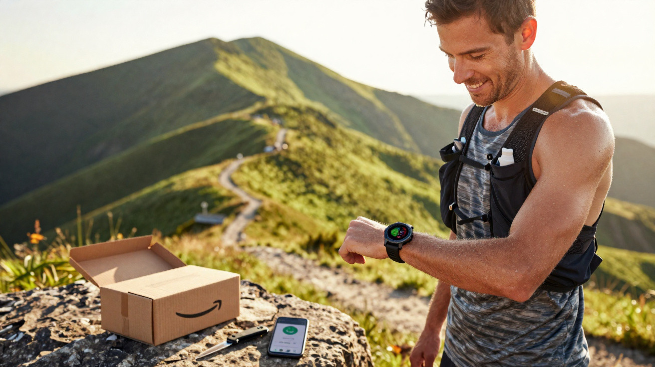 Homem sorrindo com roupa esportiva conferindo relógio inteligente em trilha de montanha, próximo a caixa e celular.