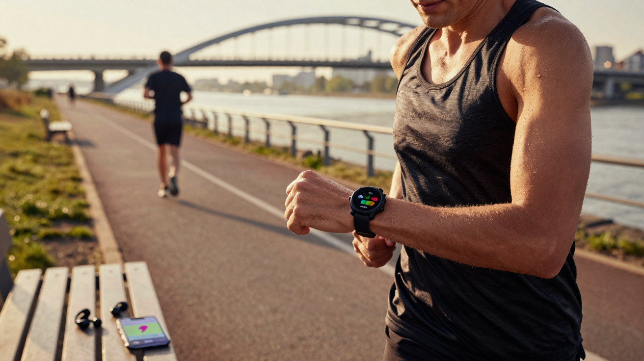 Pessoa correndo e olhando para relógio inteligente em pista de corrida próxima a rio e ponte ao fundo.