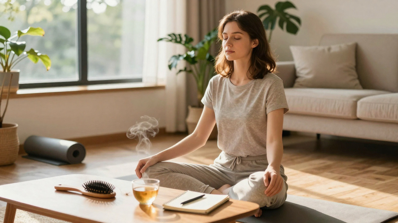 Mulher meditando sentada no chão de sala iluminada, com xícara de chá e caderno à sua frente.