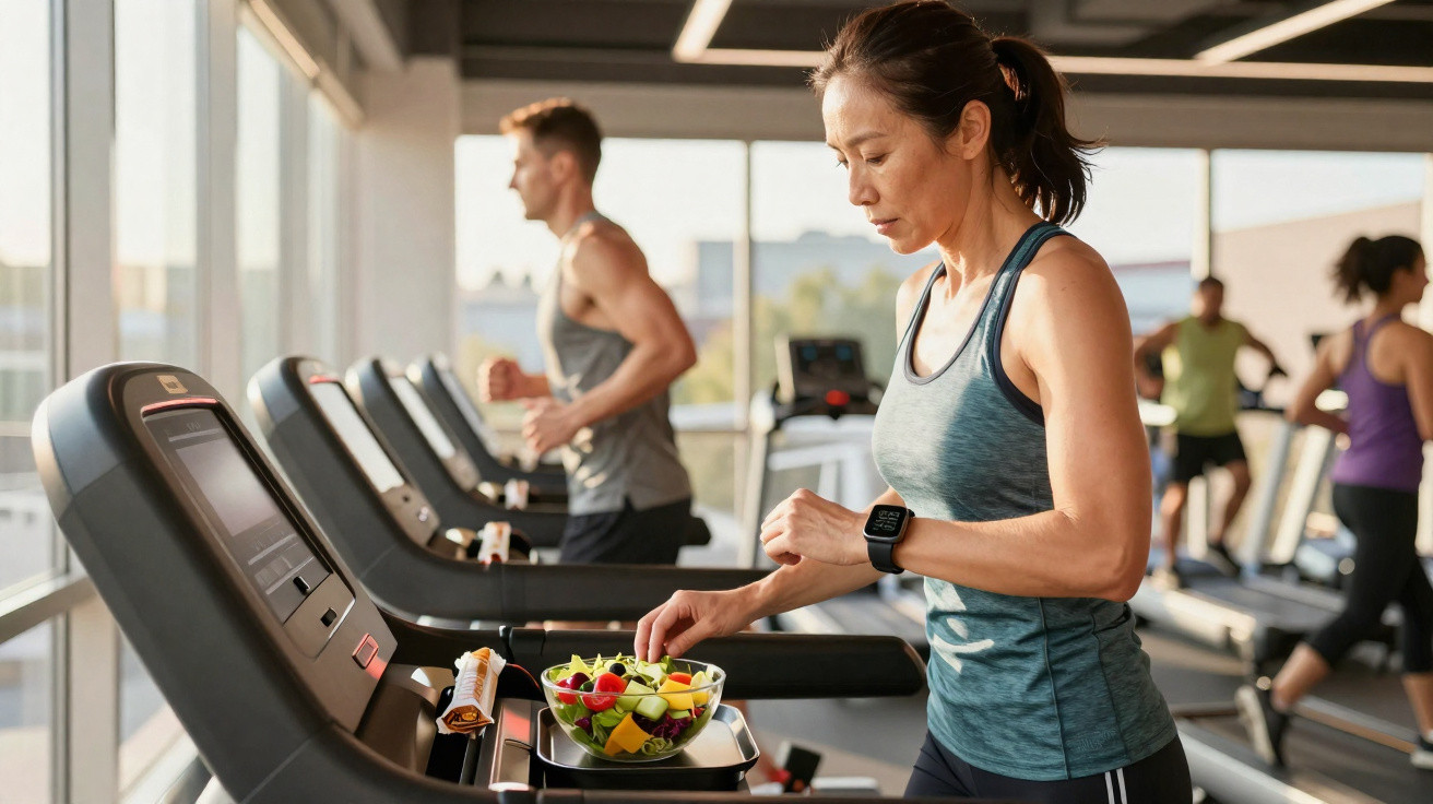 Mulher em academia vestindo roupa esportiva conferindo smartwatch com tigela de frutas na esteira.