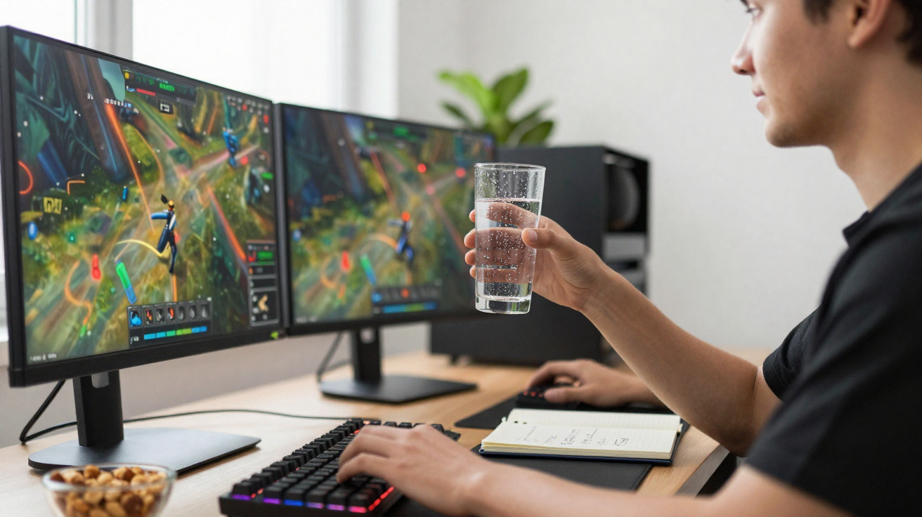 Pessoa segurando copo d'água enquanto joga videogame em computador com duas telas.
