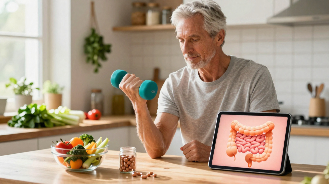 Homem idoso faz exercício com haltere ao lado de frutas, vegetais, remédios e imagem de intestino.