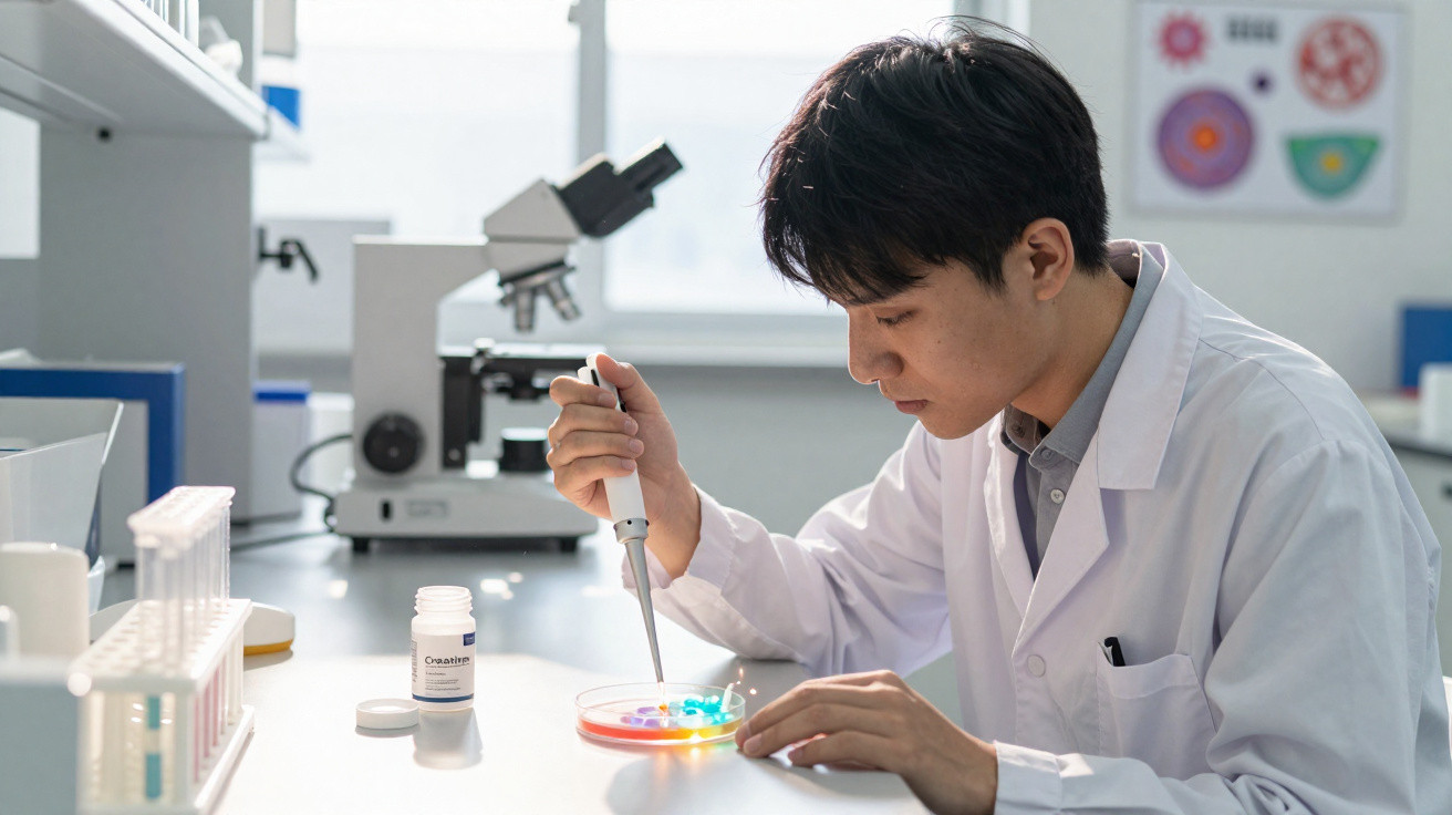 Cientista usando pipeta para adicionar líquido em placa de Petri em laboratório moderno.