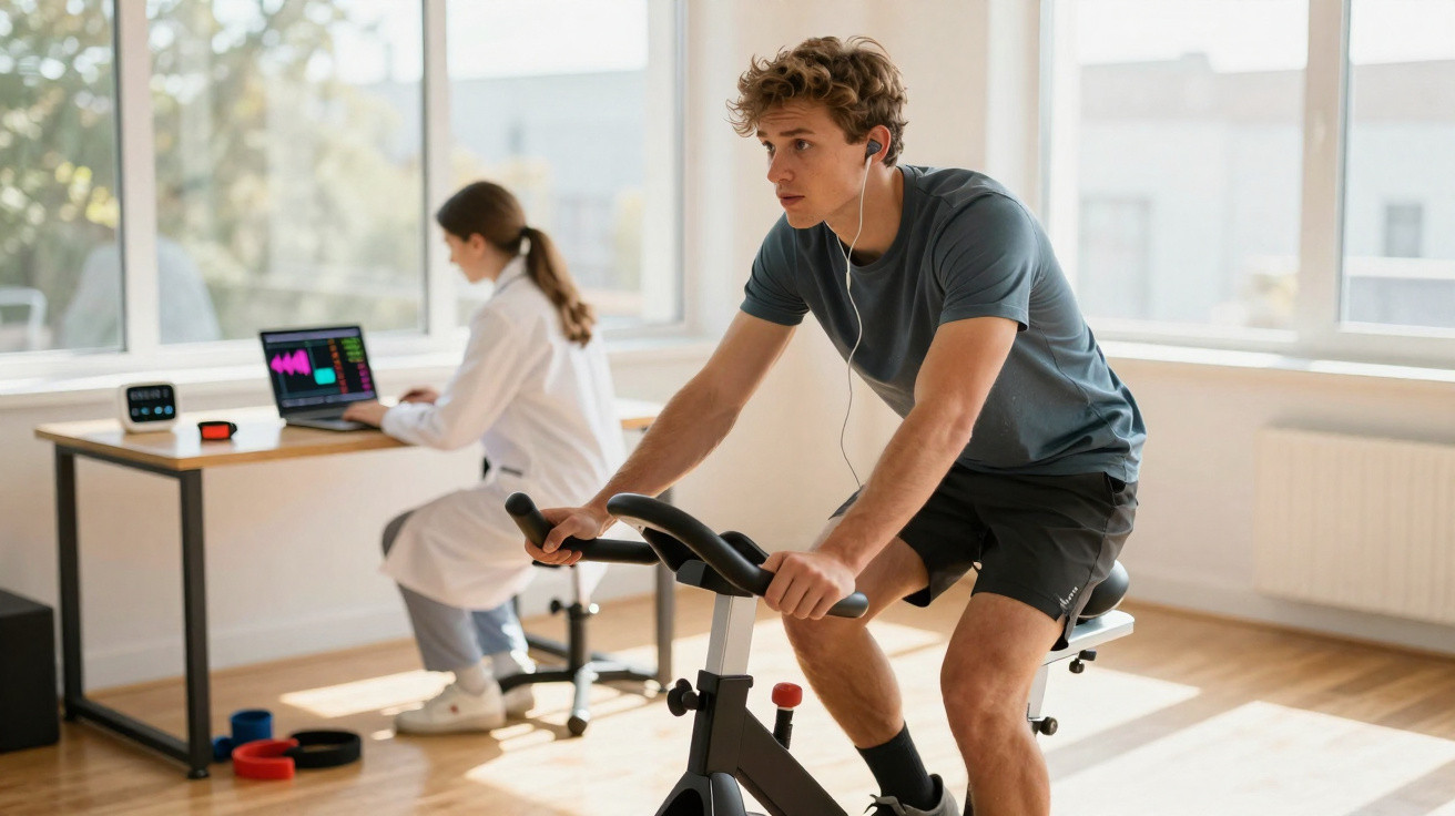 Homem pedalando bicicleta ergométrica enquanto profissional de saúde monitora dados em laptop.